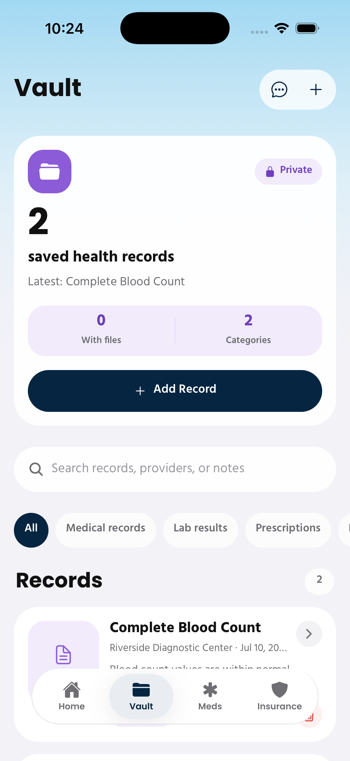 Elio health vault screen showing saved health records